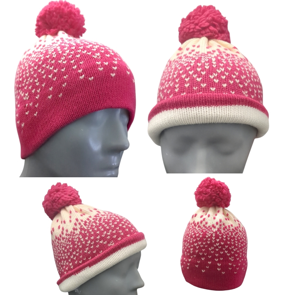 Pink and White Kids Pom-Pom Hat